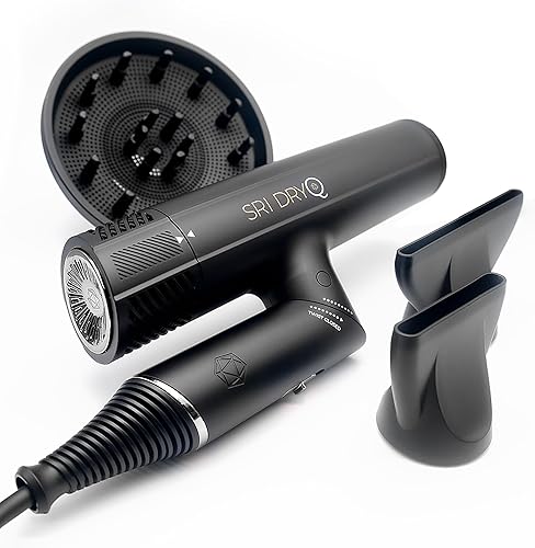 SRILabs DryQ - Secador de pelo 'Smart', súper ligero, plegable, motor potente, silencioso, tecnología infrarroja e iónica, 3 accesorios magnéticos,