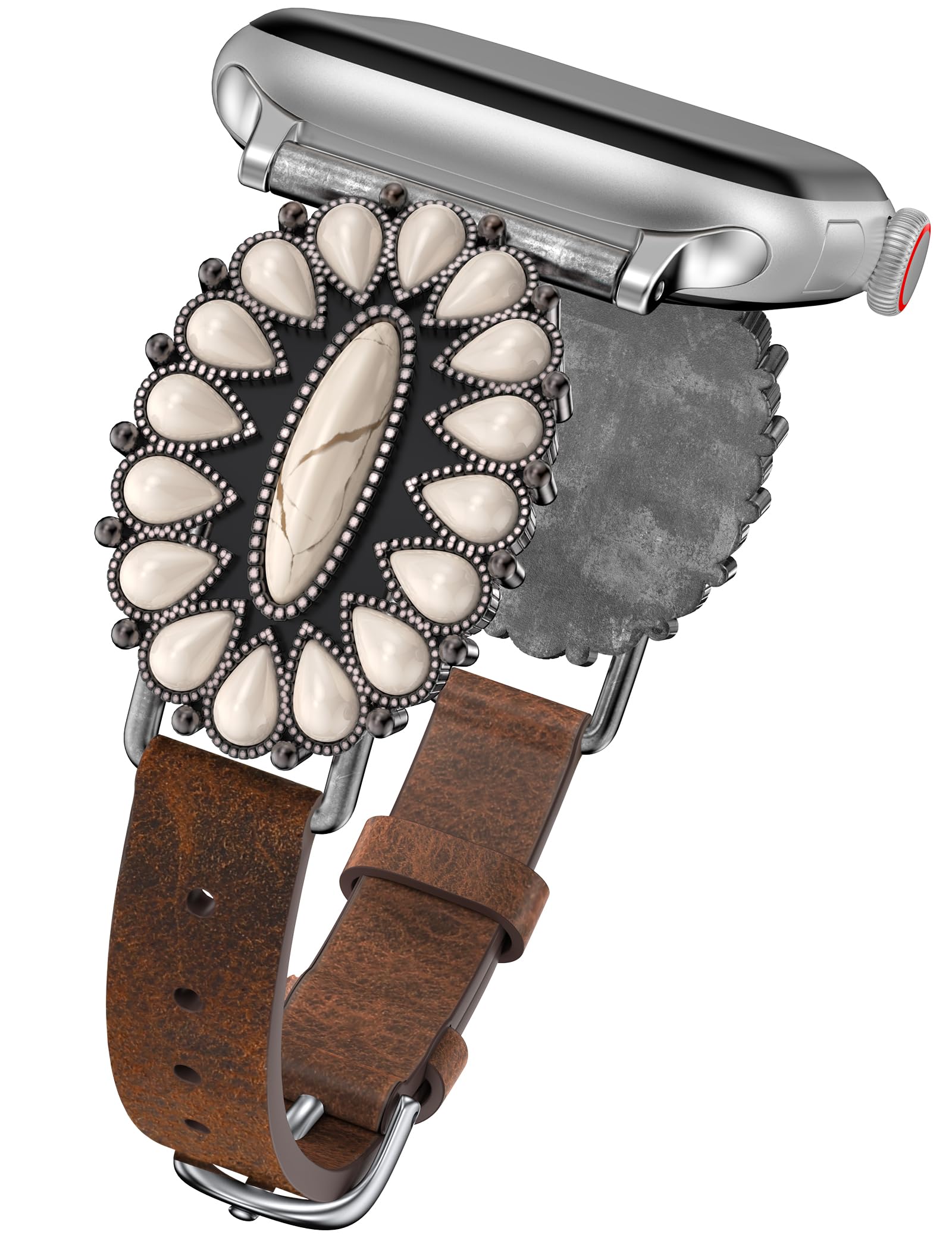 Minyee Leather Band Compatible with Apple Watch Band Women 42/46/38/40/41/44/45/49mm, Western Boho Turquoise Vintage Retro Designer Slim Thin Strap