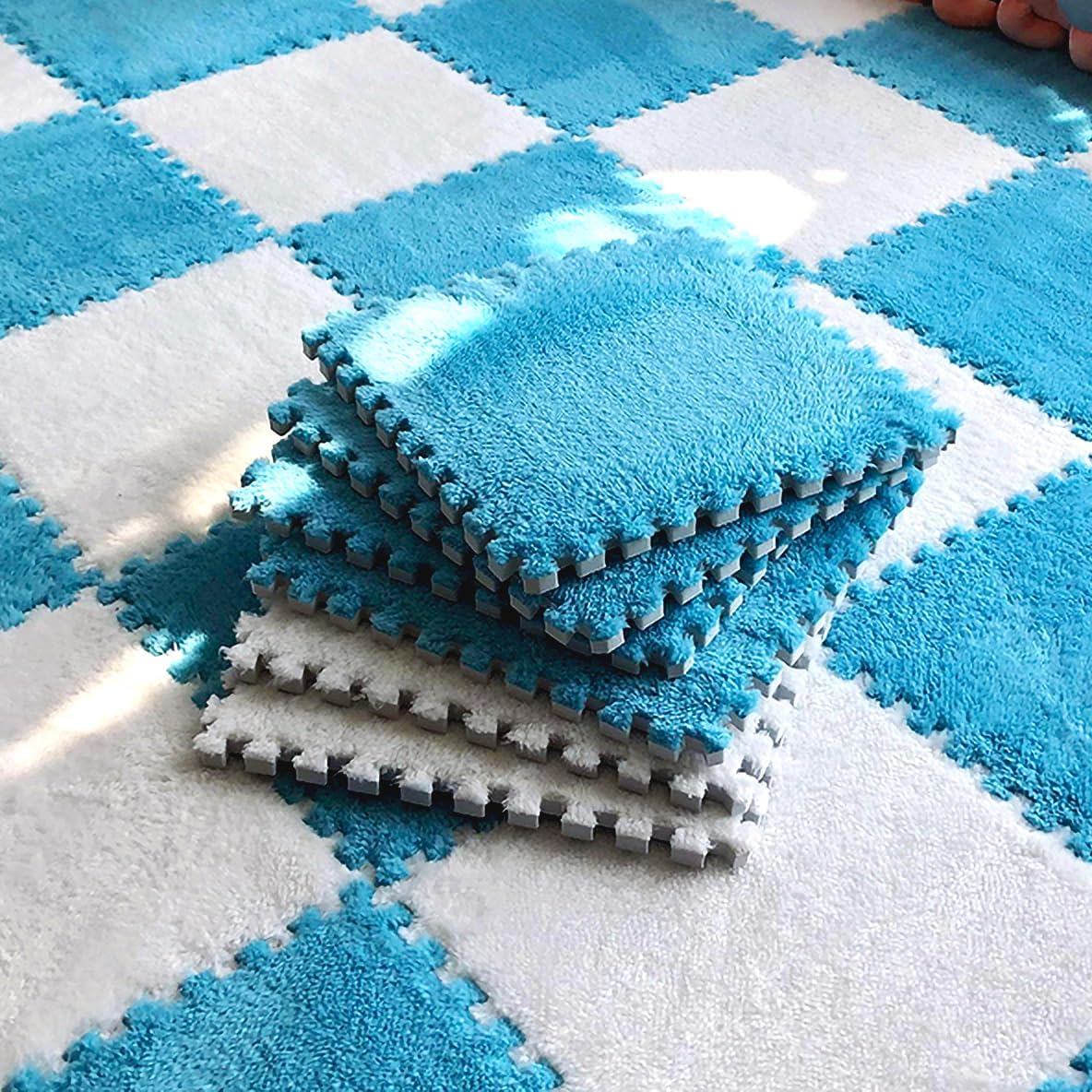 12pcs 0.6in Thick Interlocking Carpet Squares Puzzle Mat EVA Foam Area Tiled Rug for Baby Play Soft Mats (Blue, 11.8in)