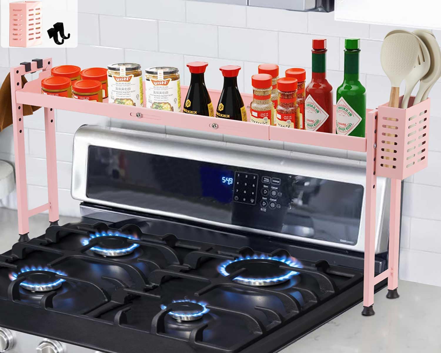 Photo 1 of **UNTESTED**
Horynar Over Stove Shelf Stove Top Organizer Shelf for Kitchen with Extra Basket and Hooks Adjustable 27 to 32 Inches Pink Over the Sink Spice Rack for Countertop (Pink)