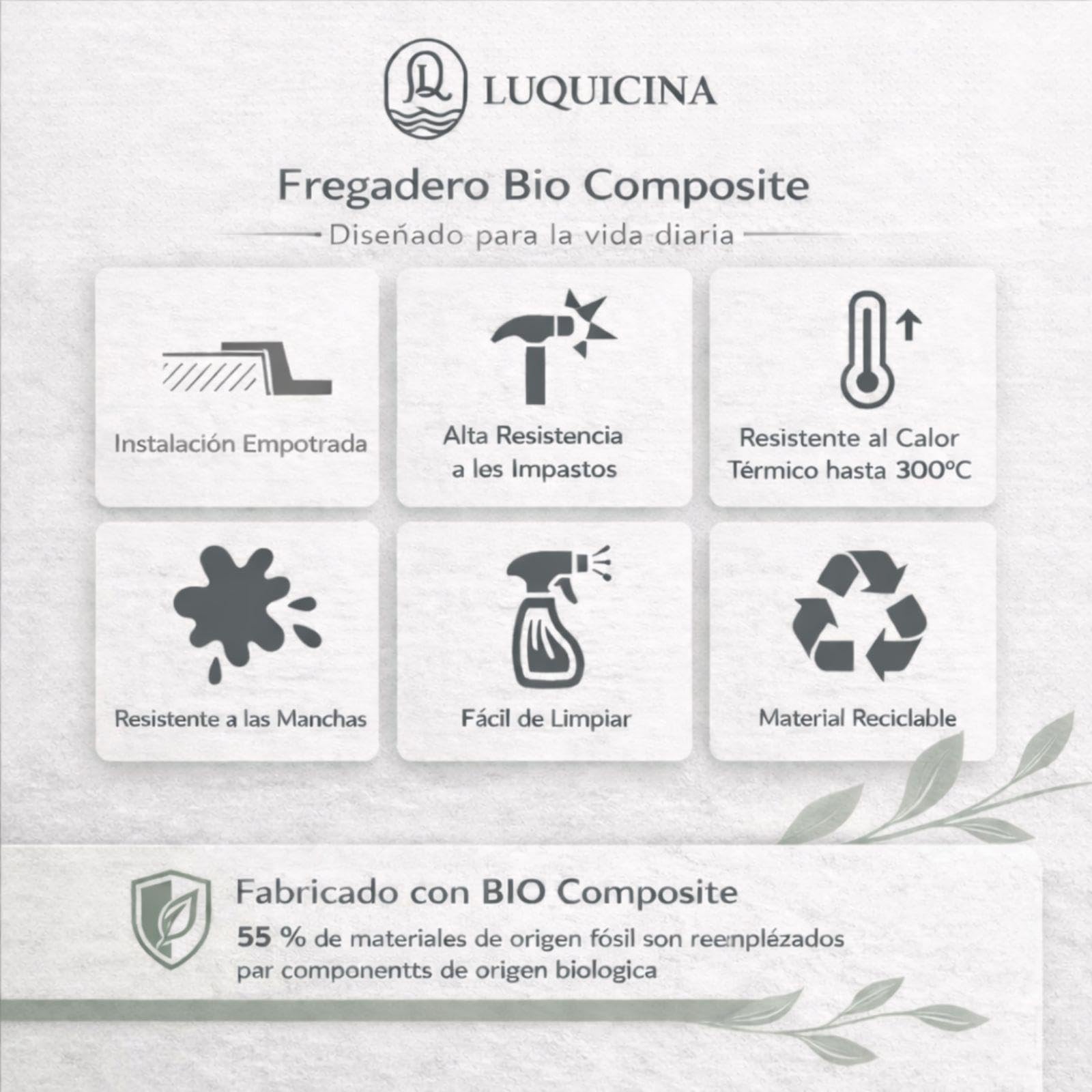 LD2WH - Fregadero de cocina 2 senos con escurridor reversible – Composite blanco – Empotrable – 116 x 50 x 20 cm