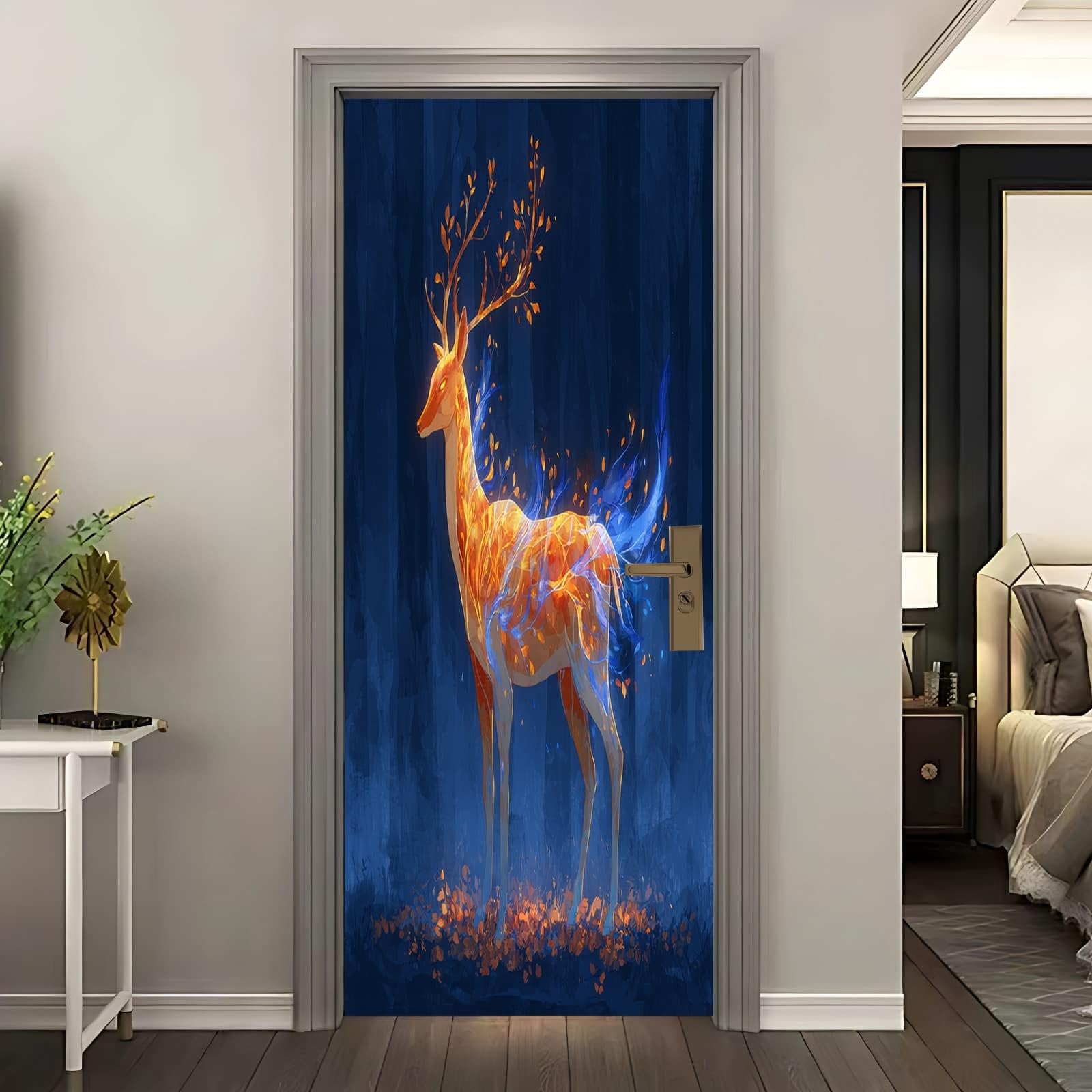 Sticker porte 3D cerf bleu amovible pour masquer et renover une porte abimee