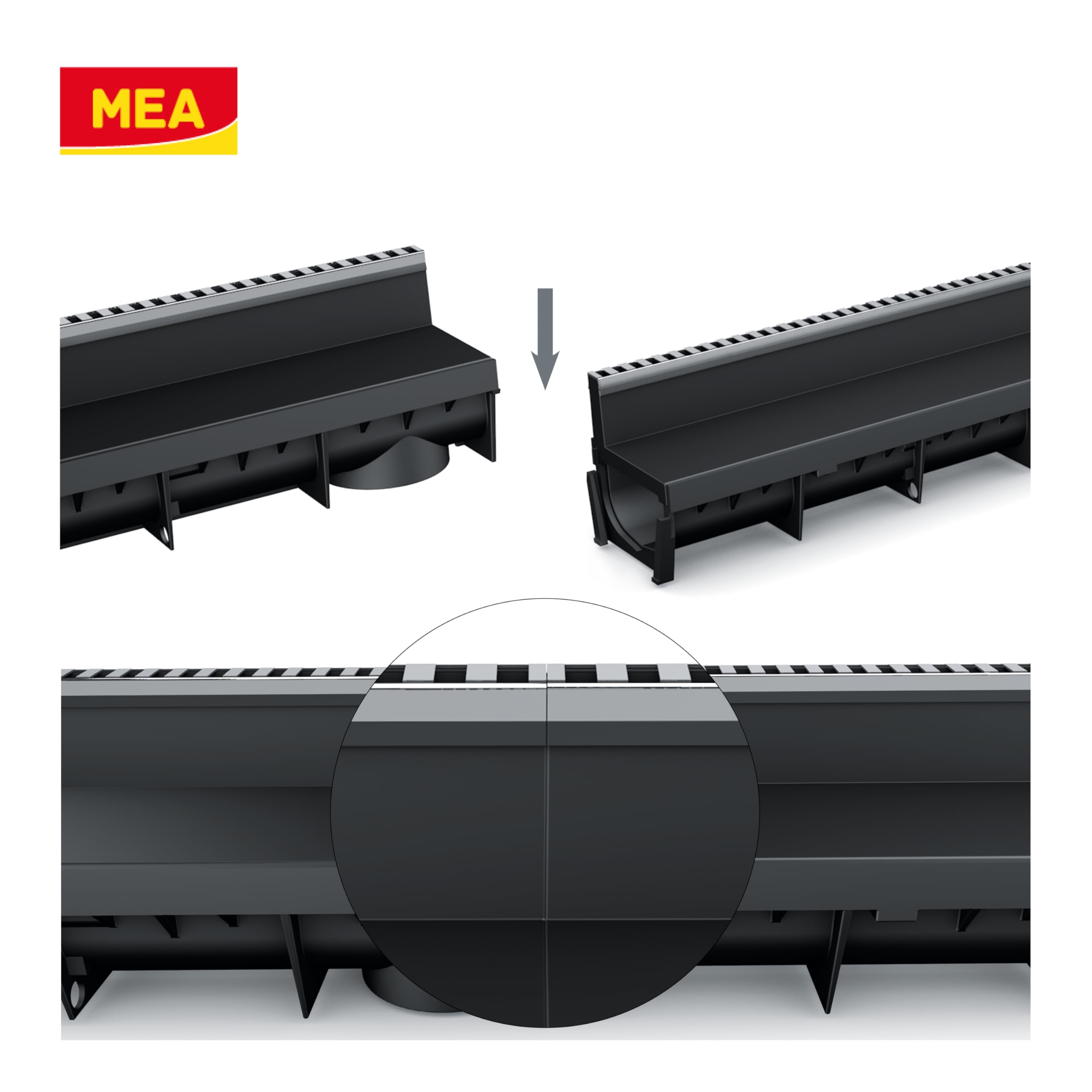MEA Caniveau Extérieur MEAPARK 1 m – Grille à Fente en PP Recyclé + Profil E-Blade L en INOX – Drainage Terrasse, Piscine, Jardin – Classe A15 Piéton – Largeur utile 10 cm