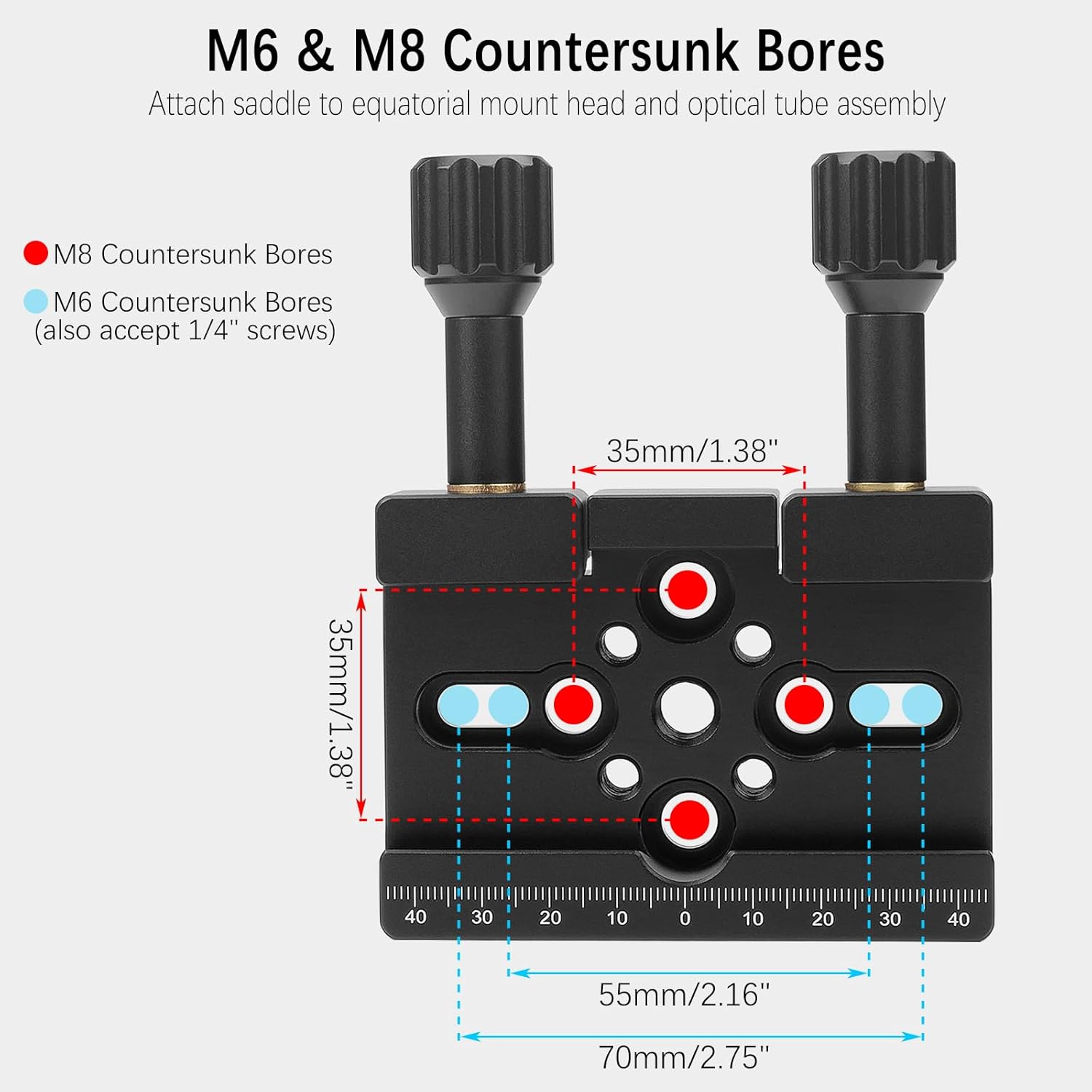 Telescope Dovetail Saddle Clamp Mount Base for Vixen Style Dovetail Plate Bar, with Dual Locking Knobs for Astronomical Astronomy OTA Equatorial Head Tripod Adapter, Support Drop-in Mounting
