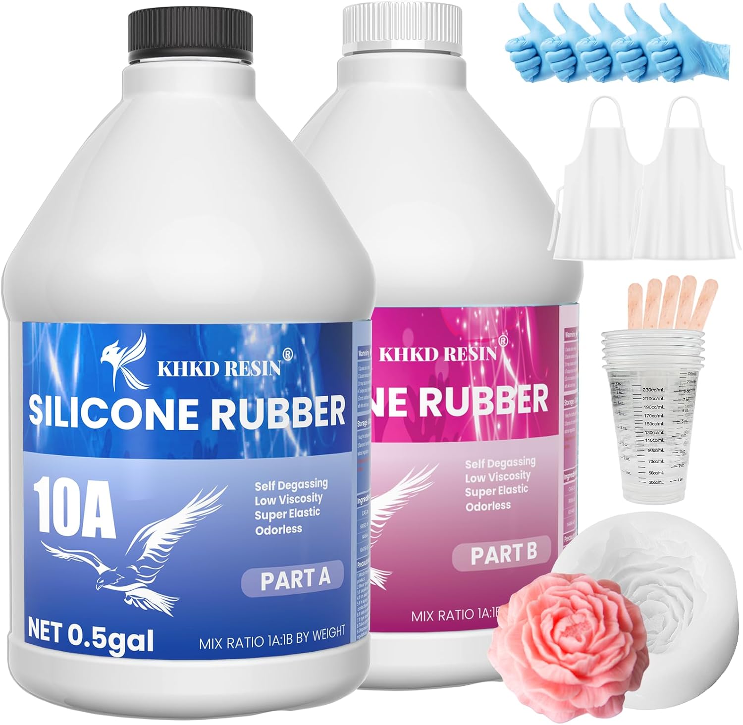 KHKD RESIN Silicone Mold Making Kit, 10A Liquid Silicone Rubber 1 Gallon, Translucent Clear Mold Making Silicone Mixing Ratio 1:1 – Bubble-Free, Easy Demold for Resin Molds, 3D Molds, 4H Fast Cure