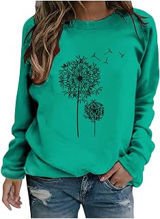 Dyhxuan Long Sleeve Pullover Women's Autumn Winter Lightweight Sweatshirt Tops Casual Dandelion Print Long Sleeve Crew Neck Tops Jumper Loose Running Shirt Long Shirt Sports Shirt Teenager Girls