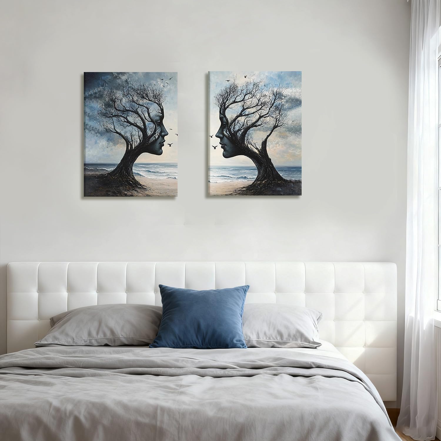 Kdyudo 2 pcs Tree of Life Canvas Framed Wall Art Gothic Face Tree Painting Picture Surrealist Trees and Ocean Abstract Nature Poster Print Artwork Bathroom Living Room Office Wall Decor 12x16 inch