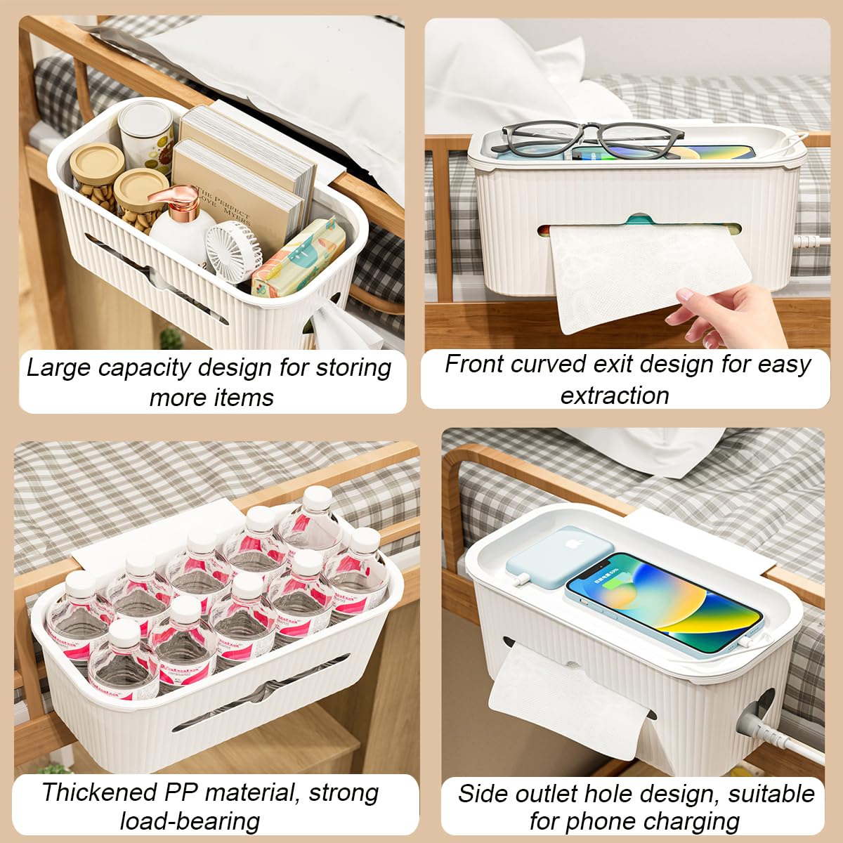 ETOPARS 2 in 1 Bedside Hanging Storage Baskets Dormitory Bunk Bed Pocket Storage Bag Organizer Caddy Desktop Storage Rack for Mobile Phone Magazine Books (Pattern 3-White) - Image 3