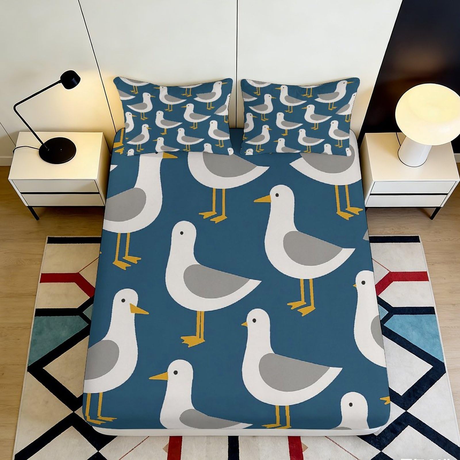 Pnayamiorkfel Style-1 3D Printed Seagull Cartoon Fitted Sheet Microfiber Soft Blue Bed Cover For Bedroom Guest Room Mattress Protection 90X200x25cm