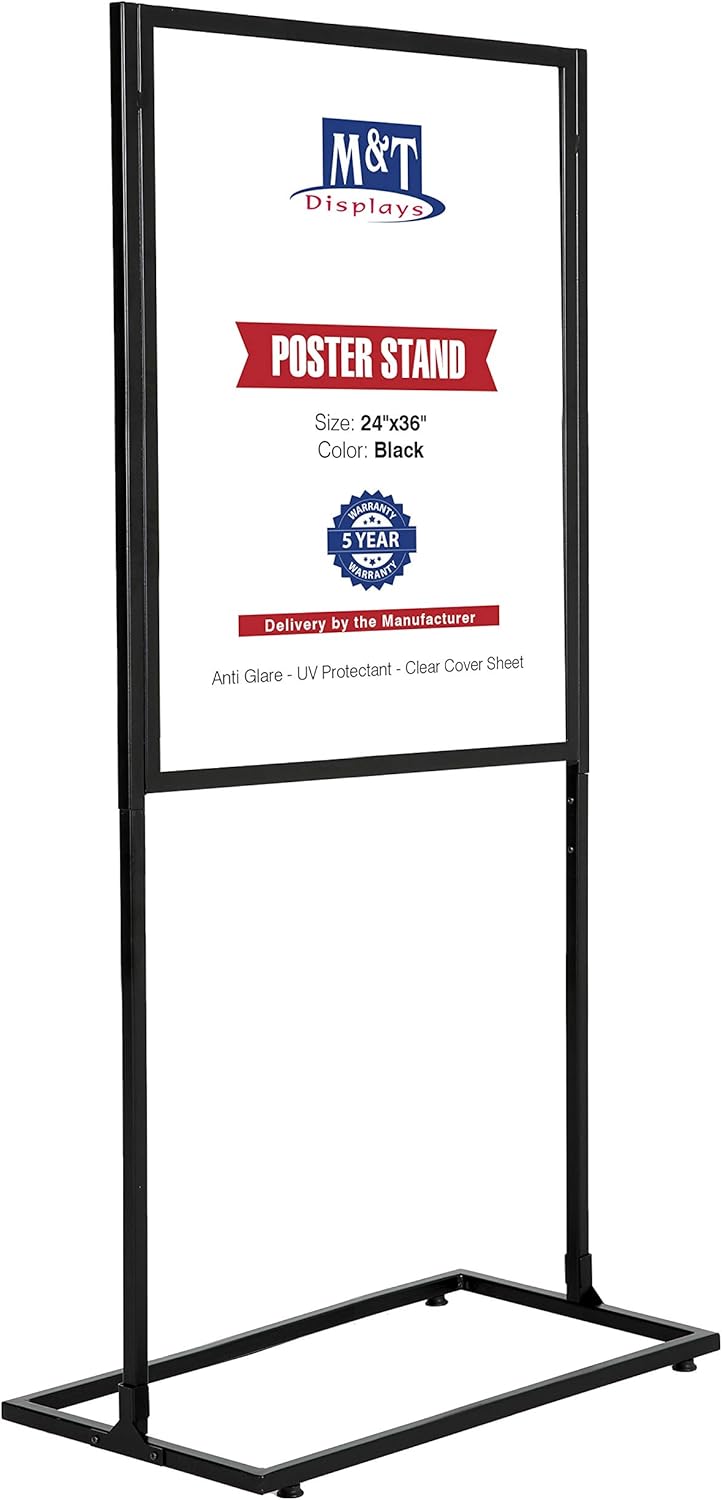 M&T Displays Metal Eco Info Board, Black 24x36 Inches Slide-In Poster Sign Holder 1 Tier Double Sided Floor Standing Pedestal Advertising Display with Backing and Anti-Glare PET Cover