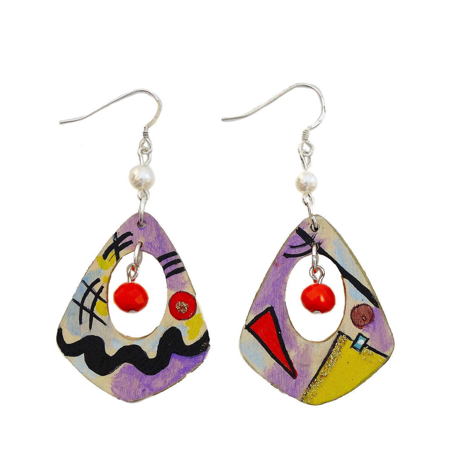 Boucles d'oreilles peintes à la main - BLEU, JAUNE, ROUGE PAR KANDINSKIJ - Boucles d'oreilles pendantes pour femme, Bijoux en bois peint, Crochet en argent, Made in Italy, Bijoux pour femme, Artisanat