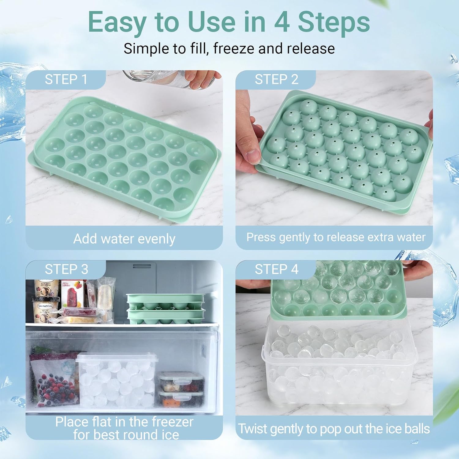 Mini Ice Cube Trays with Lid & Bin, 64 Round Ice Balls, 0.8 Inch, 2 Pack