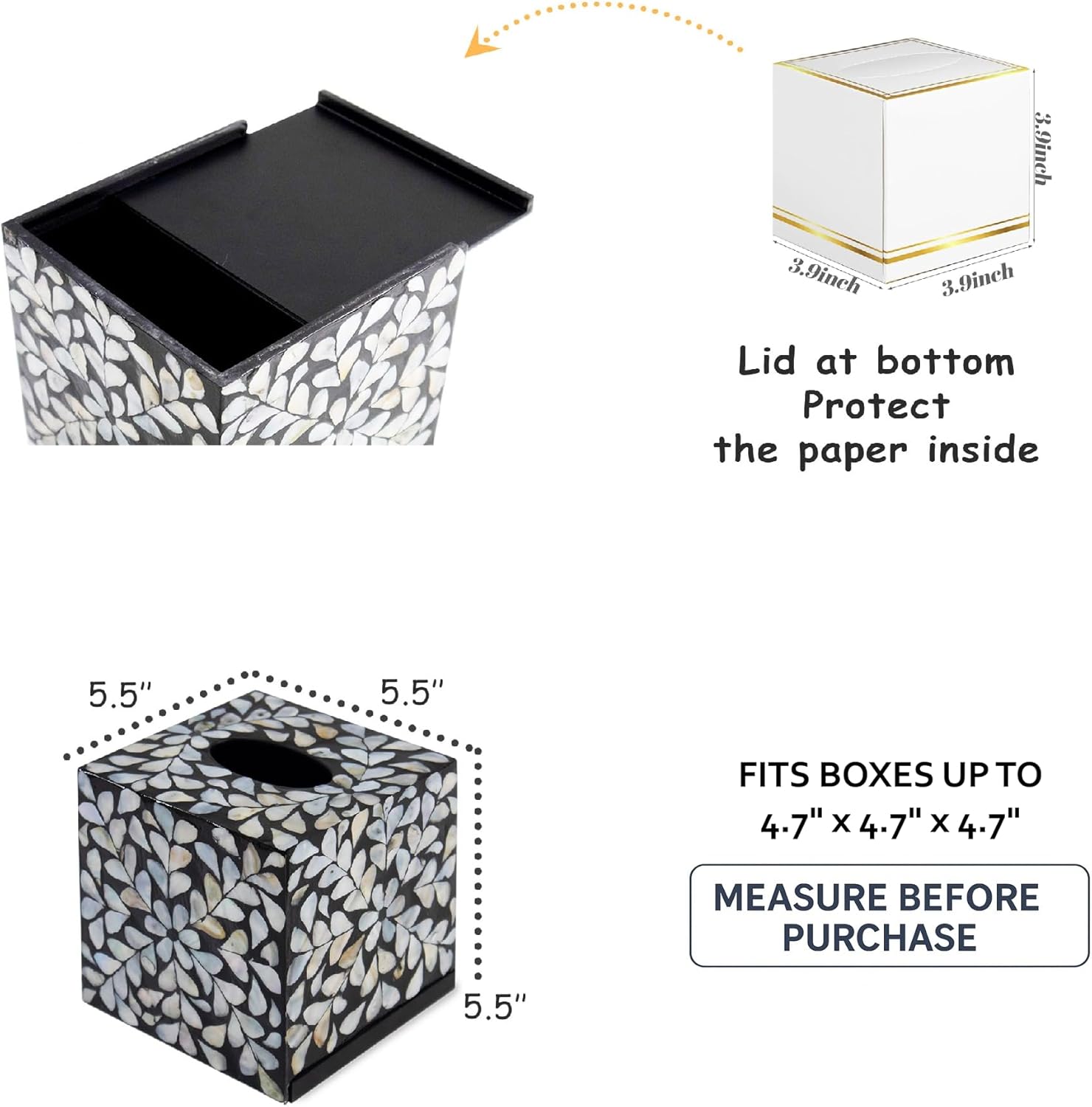 PEMAR Handcrafted Wooden Tissue Box Cover for Small Cube Tissue Boxes Only (Max Inner Size 4.7”) – Mother of Pearl Inlay Decorative Tissue Holder for Bathroom, Living Room & Office (White Vines)