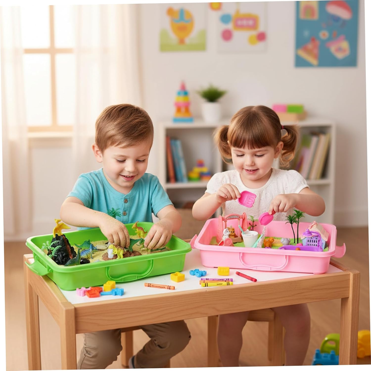 2-Pack Sensory Play Tray, Portable Sand Tray with Lid and Carry Handle, Stackable Plastic Bin for Kids Sensory Messy Play Activities