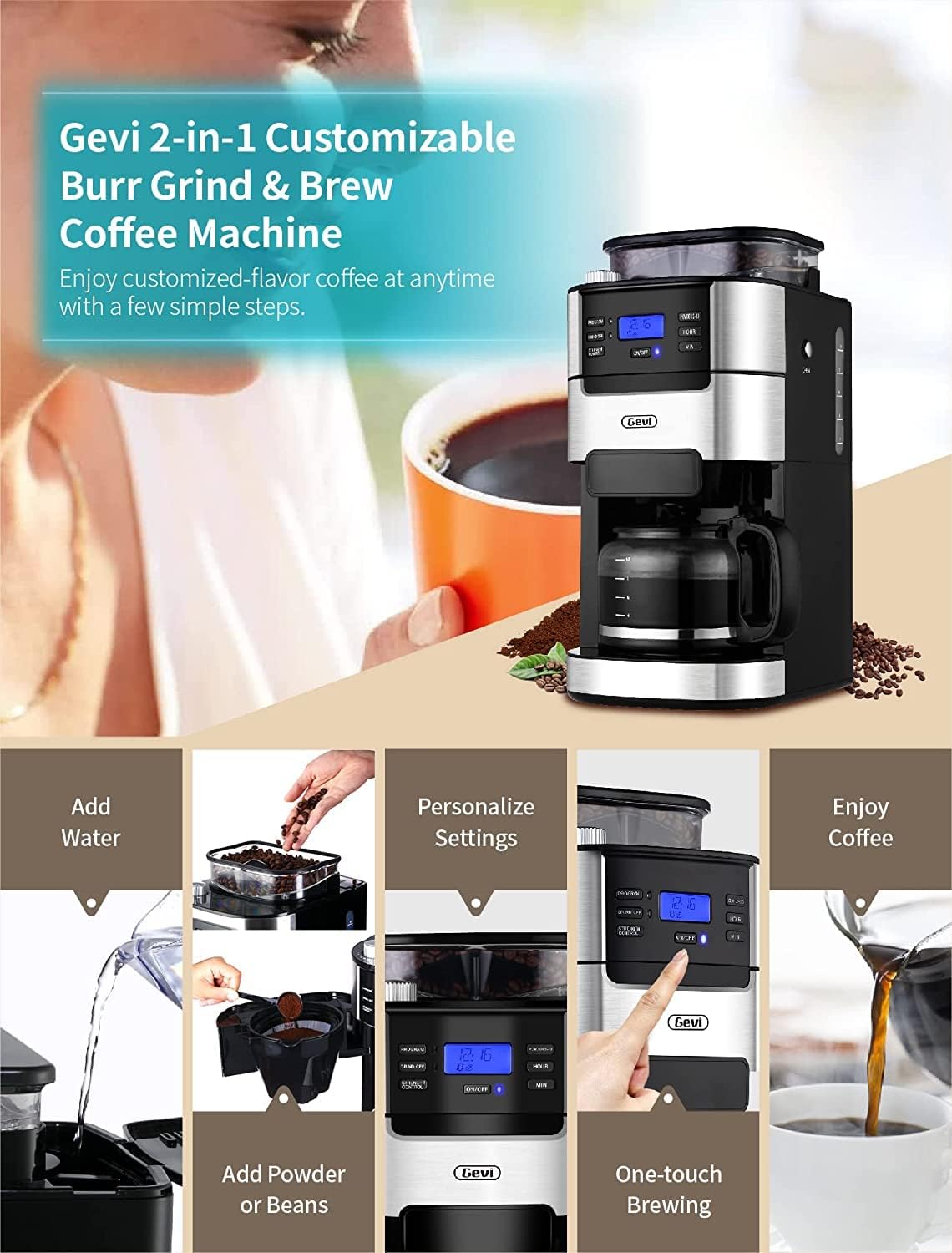 10-Cup Drip Coffee Maker, Brew Automatic Coffee Machine with Built-In Burr Coffee Grinder, Programmable Timer Mode and Keep Warm Plate, 1.5L Large Capacity Water Tank, Removable Filter Basket, 900W