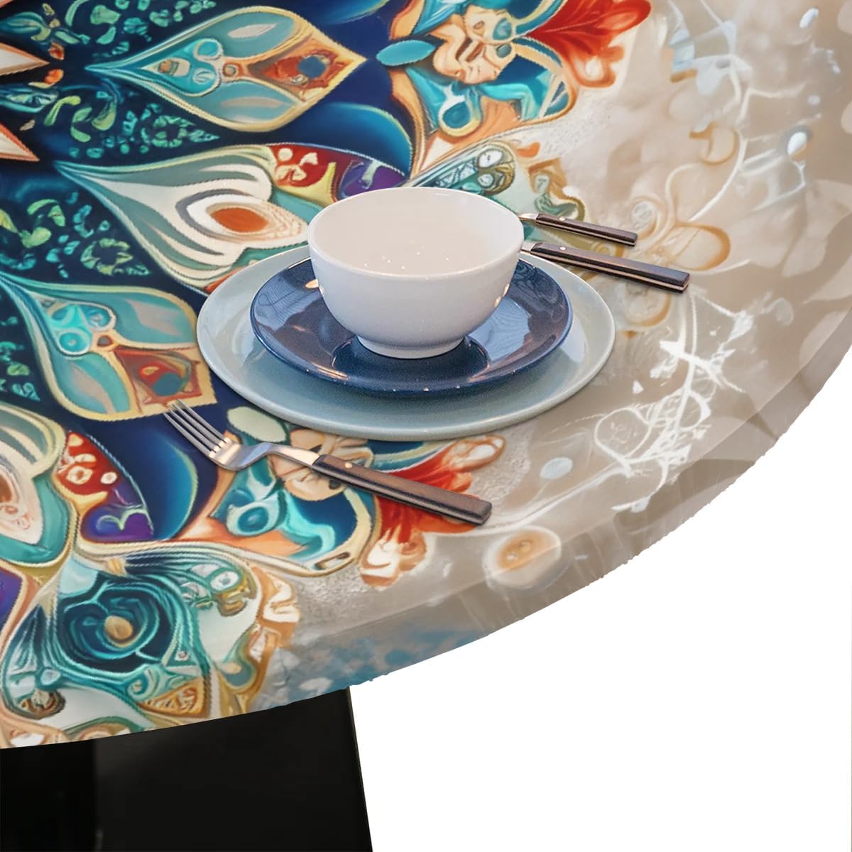 48" Mandala Color Round Tablecloth with Elastic Fitted Circle Table Cover image 5