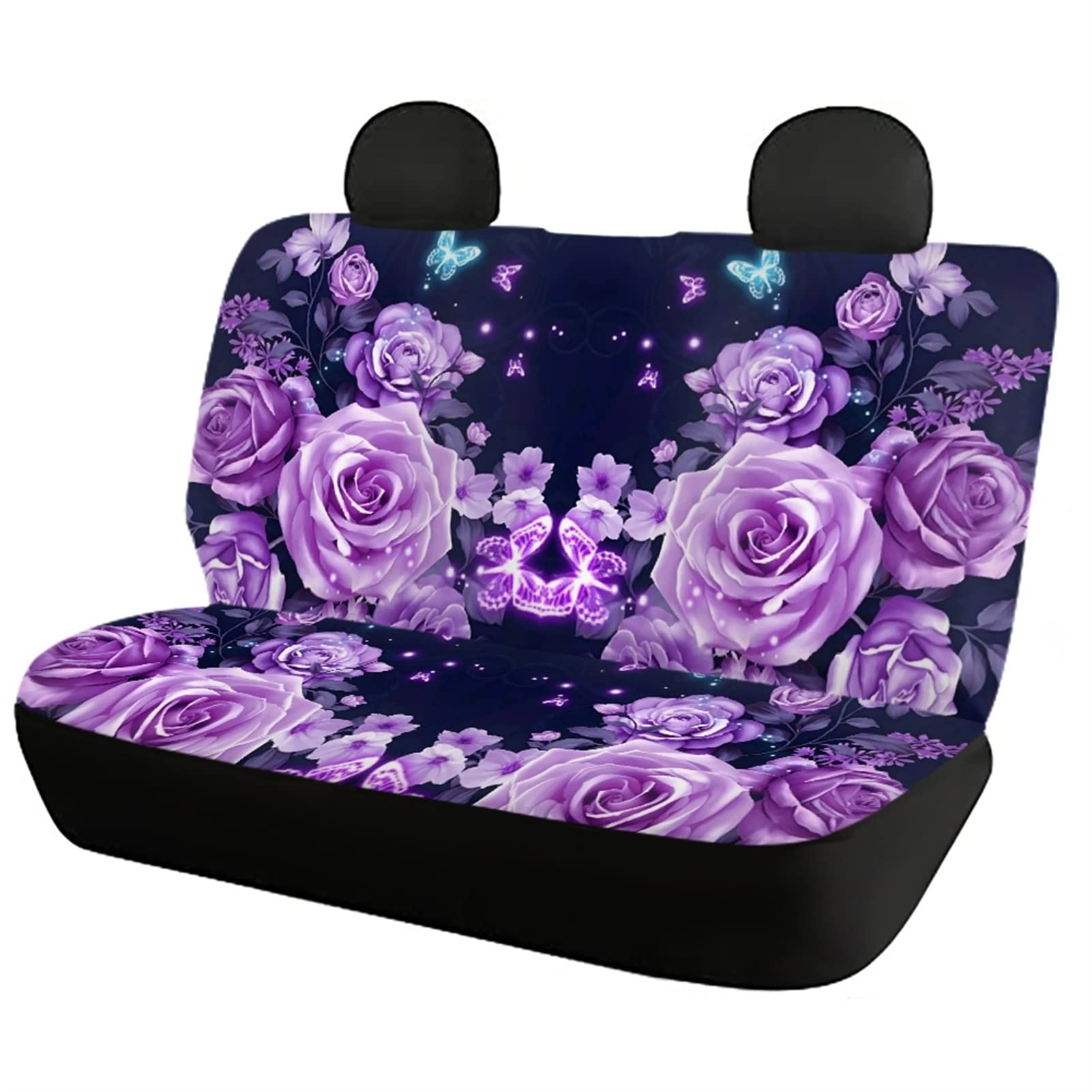 Auto-Zubehör mit violetten Rosen und Schmetterlingen, komplettes Set, 4-teilig, 2 Autositzbezüge + 2 Rücksitzschoner, geteilte Bankabdeckung, Schalensitz