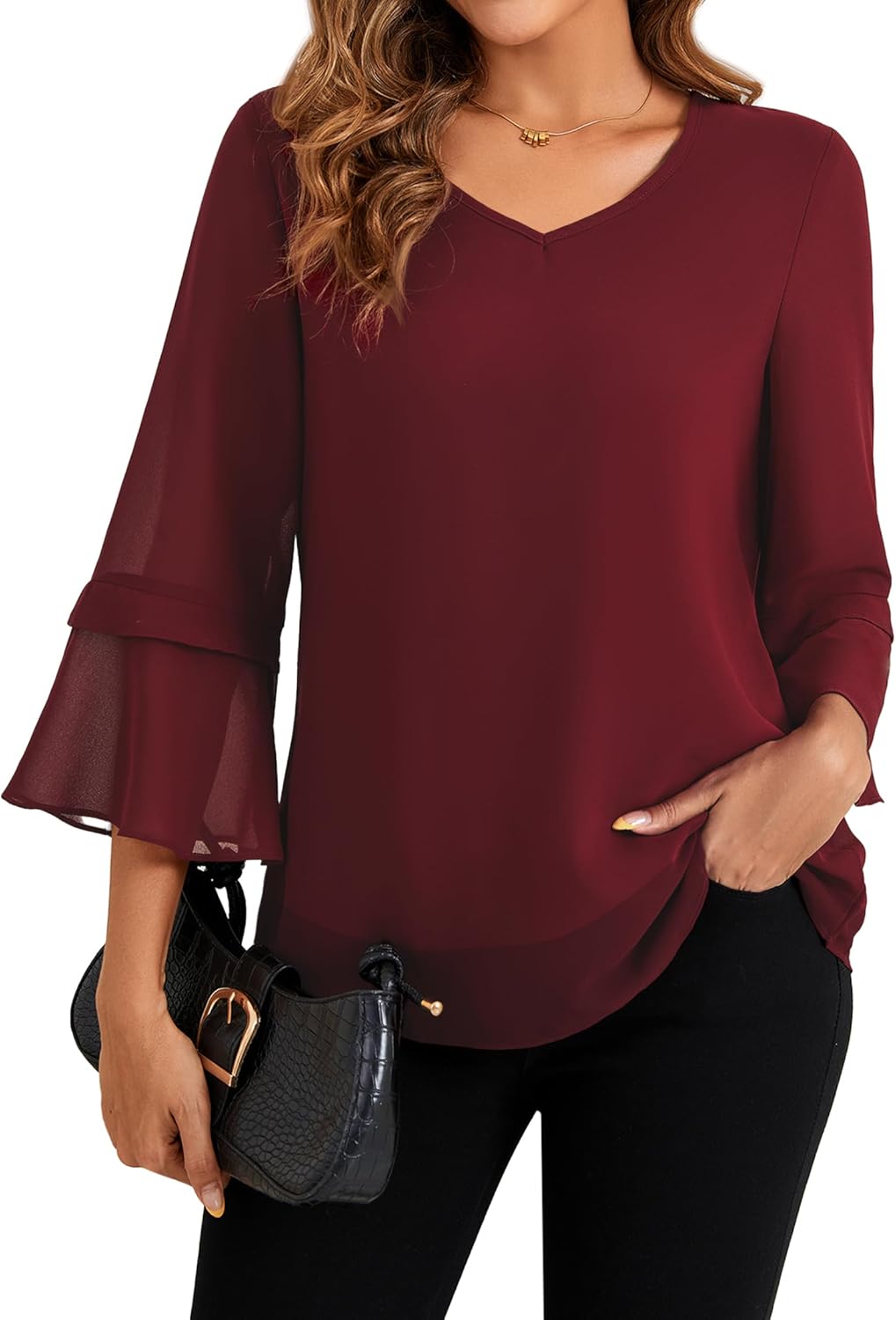 Neineiwu Womens Tops Dressy Casual Tiered Ruffle 3/4 Sleeve V Neck Chiffon Double Layers Blouse 2025 Fashion