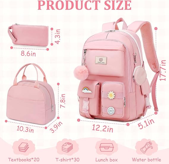 Girls Backpack for School - Cute Girls Bookbag With Multiple Pockets Large Capacity School Backpack for Girls, Pink-backpack Set, M
