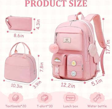 Girls Backpack for School - Cute Girls Bookbag With Multiple Pockets Large Capacity School Backpack for Girls, Pink-backpack Set, M
