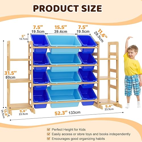 Miniatura 2 de Organizador grande de almacenamiento de juguetes para niños, organizador de juguetes y estantería combinada con 12 contenedores y 6 estantes, caja