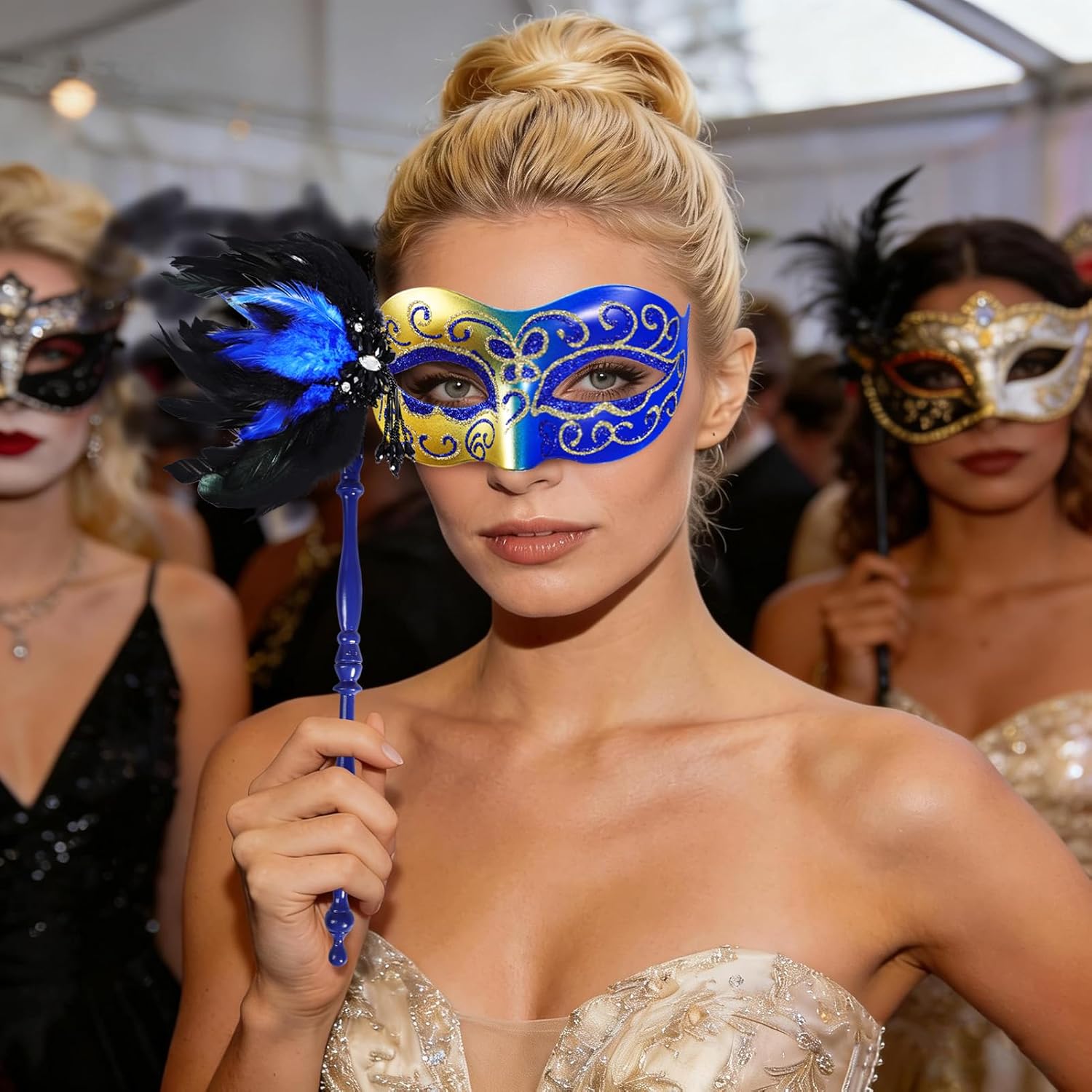 BEARAE Masquerade Mask for Women with Stick, Feather Venetian Masks, Costume Mask for Mardi Gras Gatsby Party Decoration - Image 6