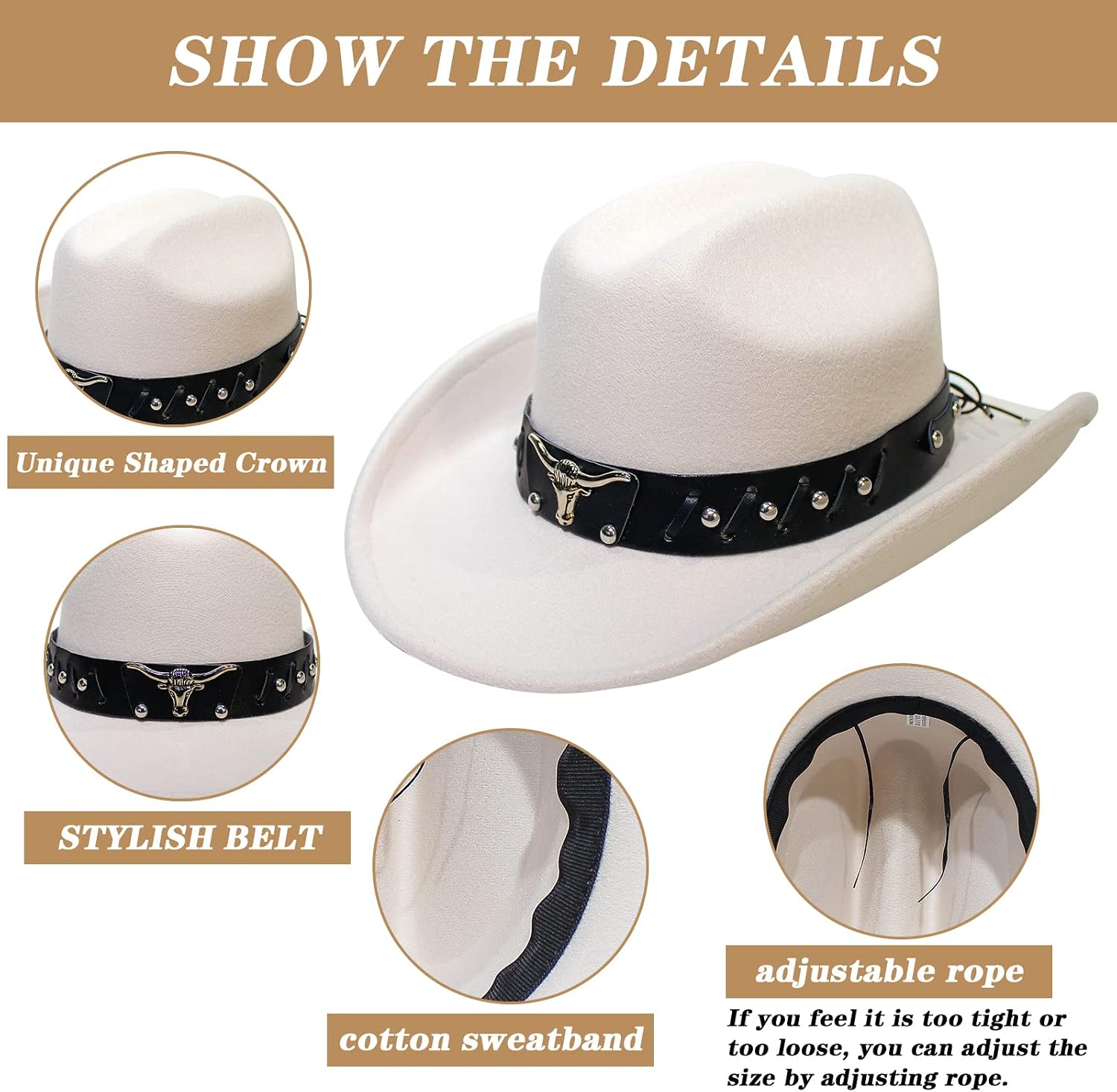 Beige Cowboy Hats for Men & Women with Western Hat Bands, Ideal for Rodeo Parties, Adjustable Fit