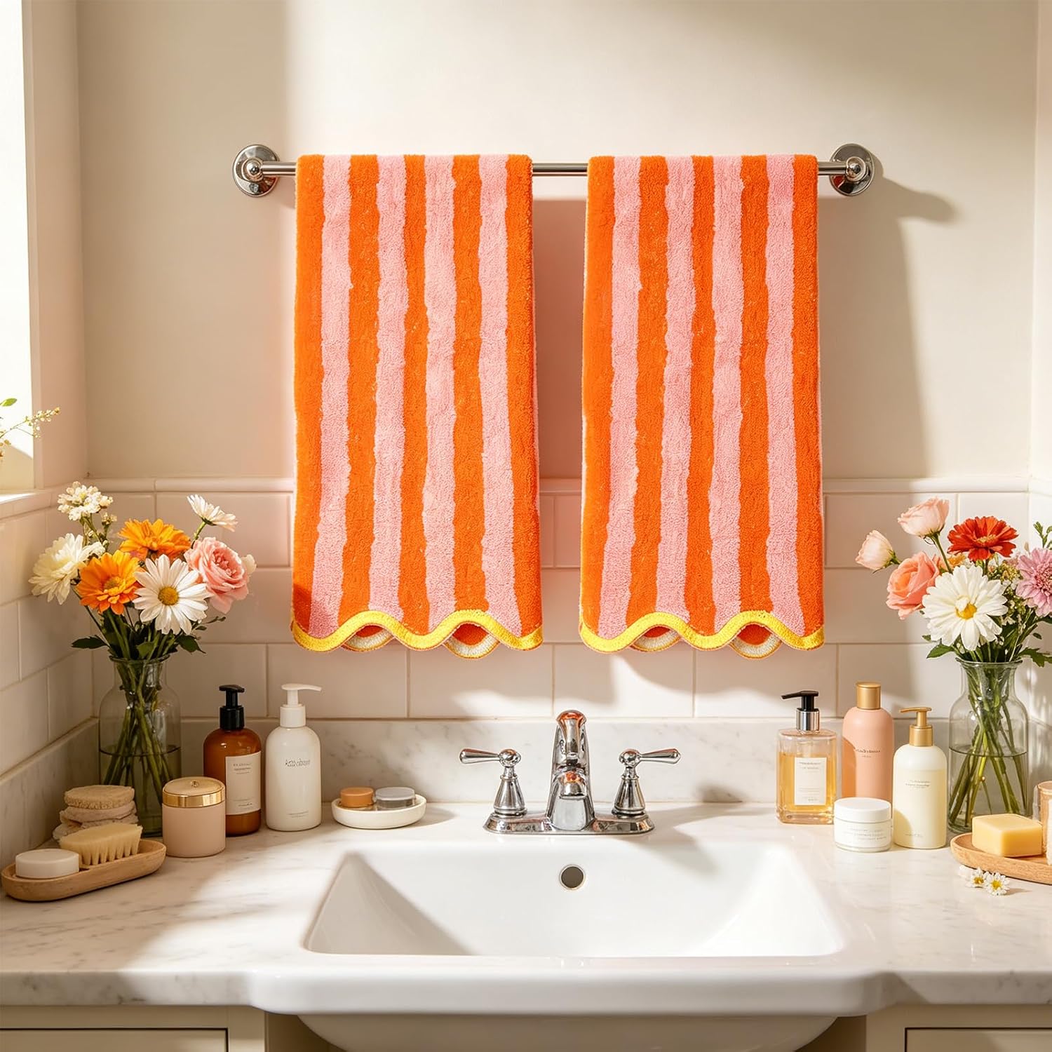 FYSUIMU 2 Pcs Orange Pink Stripe Hand Towels Bath Towels Scalloped Edge Absorbent Cotton Dish Towel for Home Bathroom Kitchen Hand Drying Cleaning Cooking, 25.6 x 13.8 Inch
