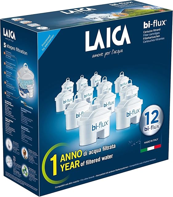 Laica wkłady filtrujące bi-Flux w opakowaniu 12 sztuk, filtr do wody, wkład roczny, tworzywo sztuczne, biały, 12 wkładów filtrujących do wody