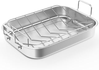 SUNVIVI 15.6'' Non-Stick Stainless Steel Roasting Pan with V-Shaped Rack - Rectangular Lasagna Pan with Handle, Heavy Duty & Dishwasher Safe, Suitable for Turkey, Chicken, Vegetable, Lasagna