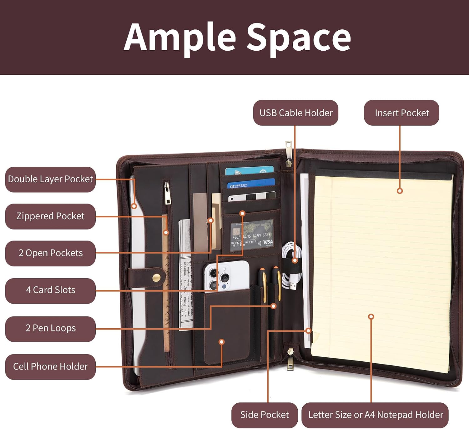 Genuine Leather Portfolio for Women and Men, 8.5 x 11 Legal Pad Padfolio, Zippered Notebook Organizer for 13” Laptop, Business Executive Professional Folio for Work, Dark Brown