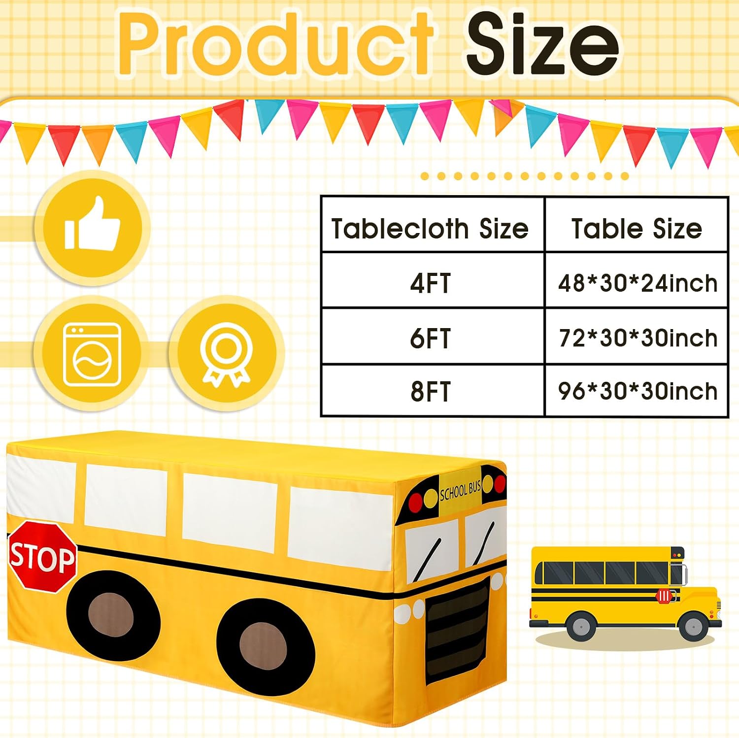 Oudain 4 FT School Bus Tablecloth First Day of School Party Table Cover Birthday Decoration Washable Fabric Polyester Rectangle Table Cover Protector Bus Theme Party Birthday Decoration
