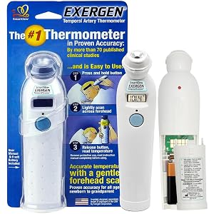 Exergen TAT-2000C Temporal Artery Thermometer Temporal Thermometer for Kids Newborns Adults Soft Glow Display Silent Mode 9V Battery