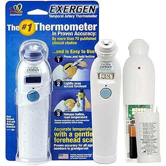 Exergen TAT-2000C Temporal Artery Thermometer Temporal Thermometer for Kids, Newborns & Adults, Soft Glow Display, Silent Mode, 9V Battery Included