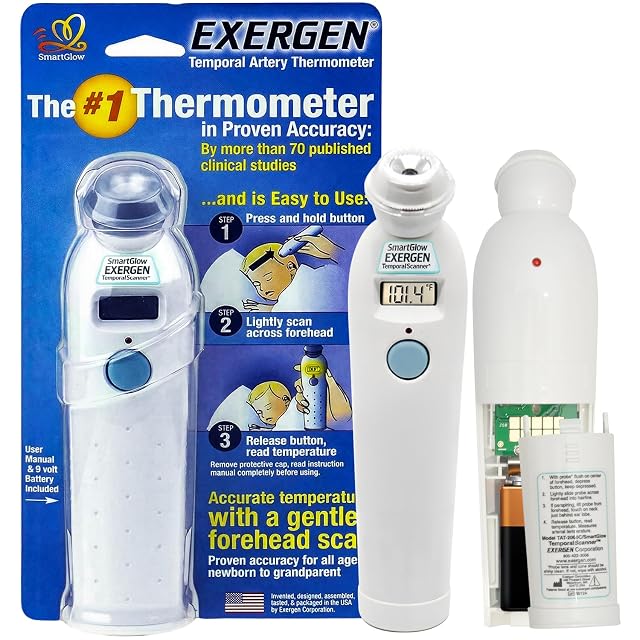 Exergen TAT-2000C Temporal Artery Thermometer Temporal Thermometer for Kids Newborns Adults Soft Glow Display Silent Mode 9V Battery