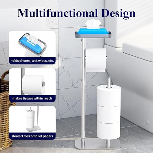 Miniatura 20 de Kitsure Soporte de papel higiénico de pie – Soporte de papel higiénico de metal inoxidable para 4 rollos con base antideslizante y estante para Negro