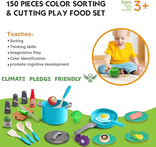 Miniatura 31 de Juego de cocina de 150 piezas, accesorios de cocina para niños pequeños, alimentos, manta de picnic, frutas, verduras, paquete de 2 cestas de Azul