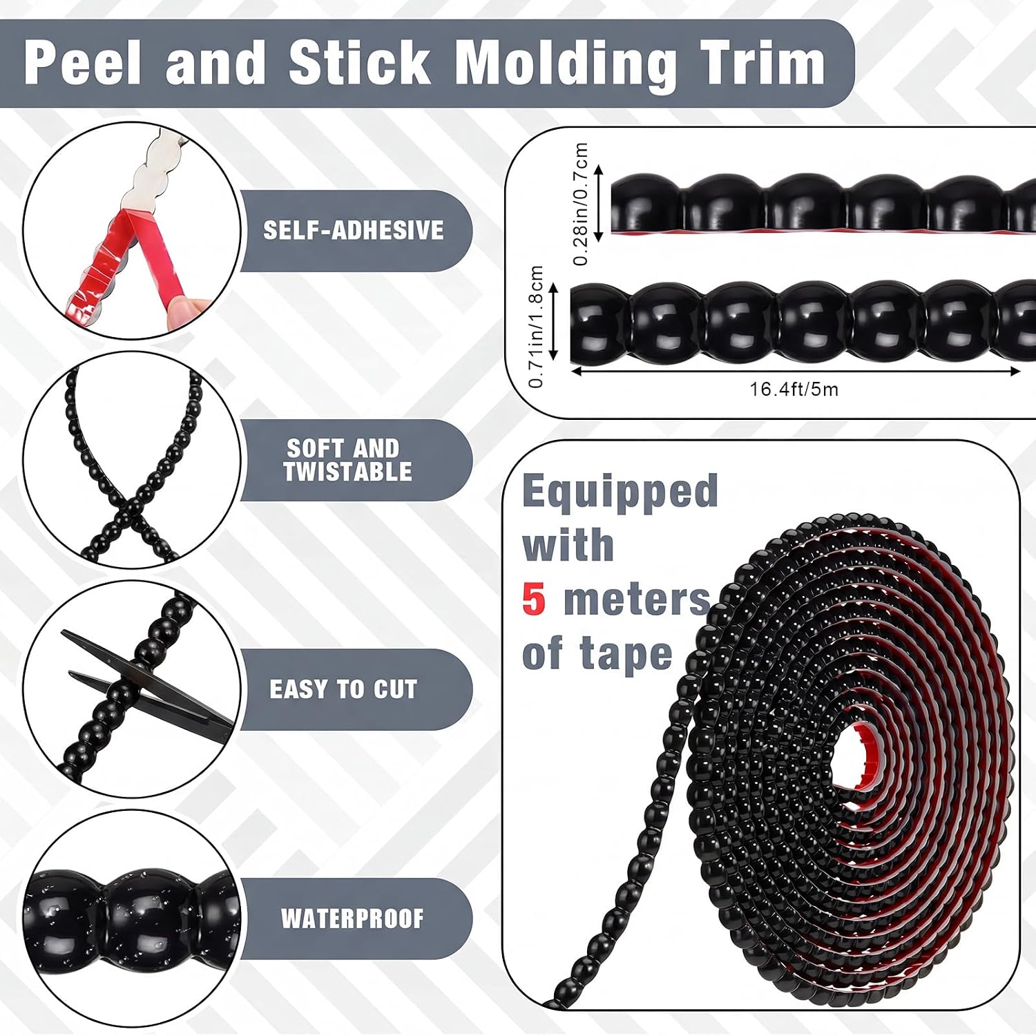 1 Pack Peel and Stick Molding Trim Flexible Molding Trim for Wall Self Adhesive Paintable DIY Wall Trims for Mirror Frame Cabinet Edge Picture (16.4 ft X 0.71 Inch,Black)
