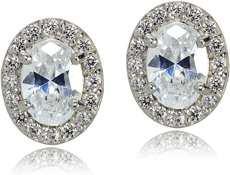 Sterling Silver Genuine, Created or Simulated Gemstone Oval Halo Stud Earrings - Image 2