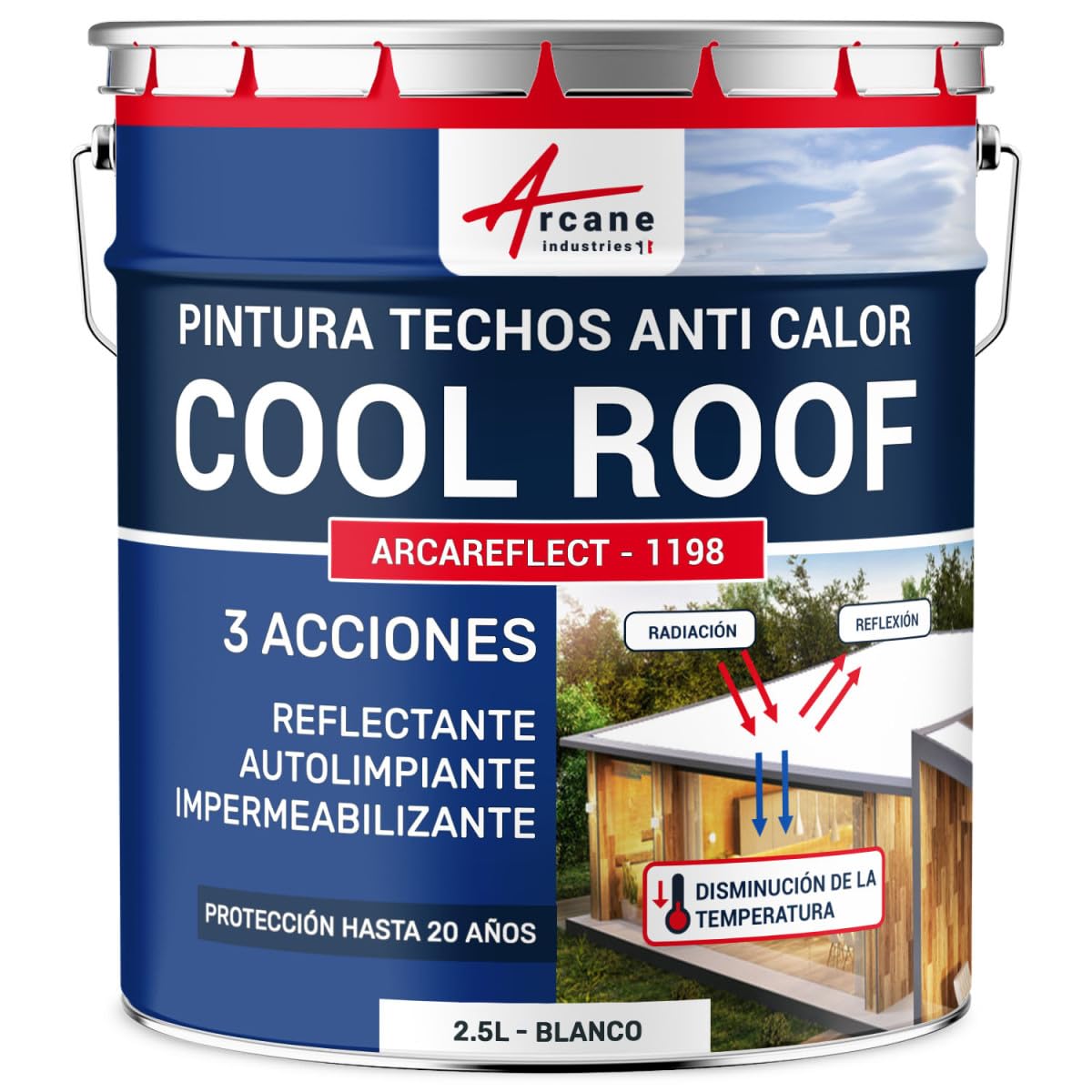 ARCANE INDUSTRIES Cool Roof - Pintura anticalorica para tejados reflectante blanca - ARCAREFLECT - 1198-2,5 L Blanco