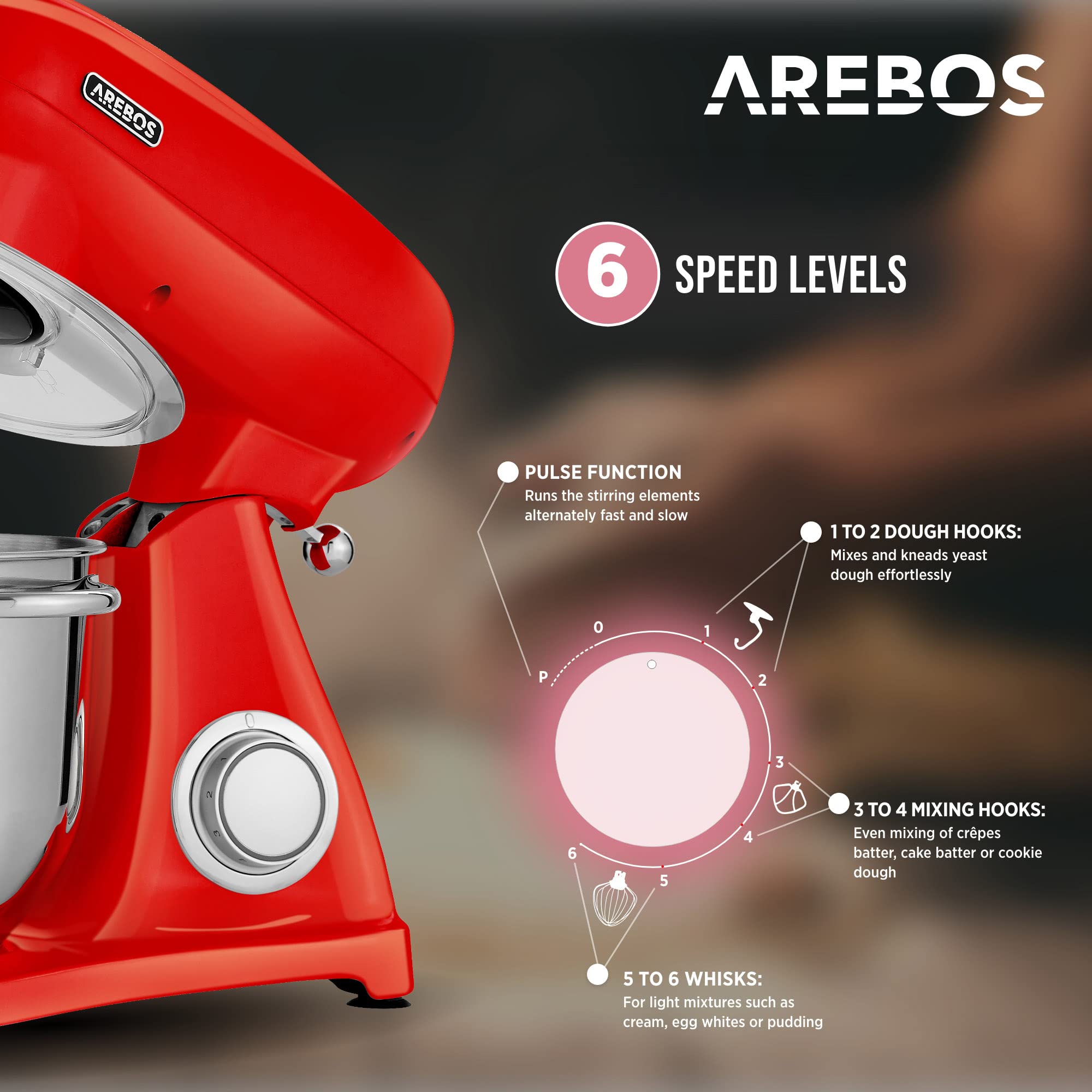Arebos Profesjonalny robot cukierniczy 1800W Retro | Czerwony |Wielofunkcyjny robot kuchenny z trzepaczką, ubijaczką i haczykiem | Miska ze stali nierdzewnej 6 litrów