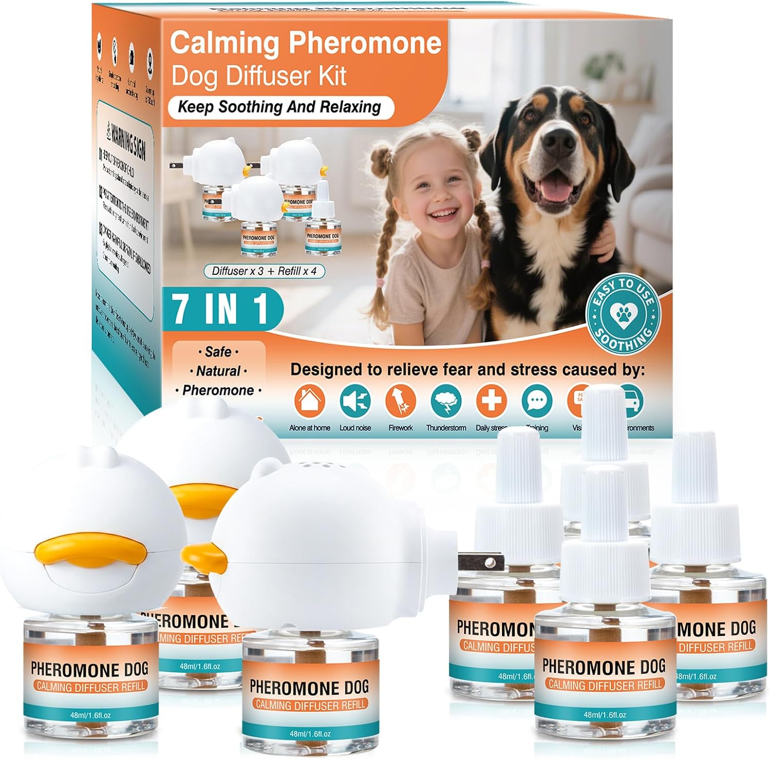 Dog Calming Pheromones Diffuser to Calm Pet 7 In 1 Advanced Kit Appeasing Pheromone Diffuser for Anxiety Relief (3 Plug in+4 Pack 48ml Refill) Reduce Aggression Fighting Barking Stress (Tasteless)
