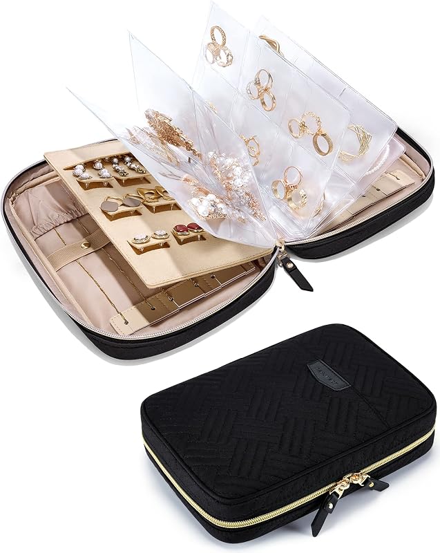 BAGSMART Jewelry Travel Organizer Case Ring Binder Storage Rolls, Black | For Home Jewelry Storage, Ring Binder Clear Bags, Zipper Rolls Pouch, For Necklaces, Earrings, Rings, Bracelets
