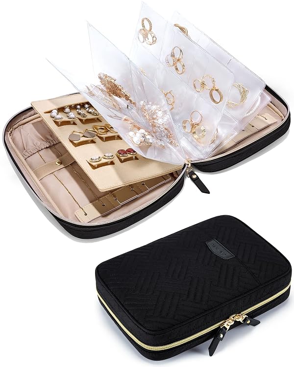 BAGSMART Jewelry Travel Organizer Case for Home Jewelry Organizer Storage Ring Binder Clear Bags Zipper Rolls Pouch for Necklaces, Earrings, Rings, Bracelets, Black by BAGSMART - Used condition - US$19.49