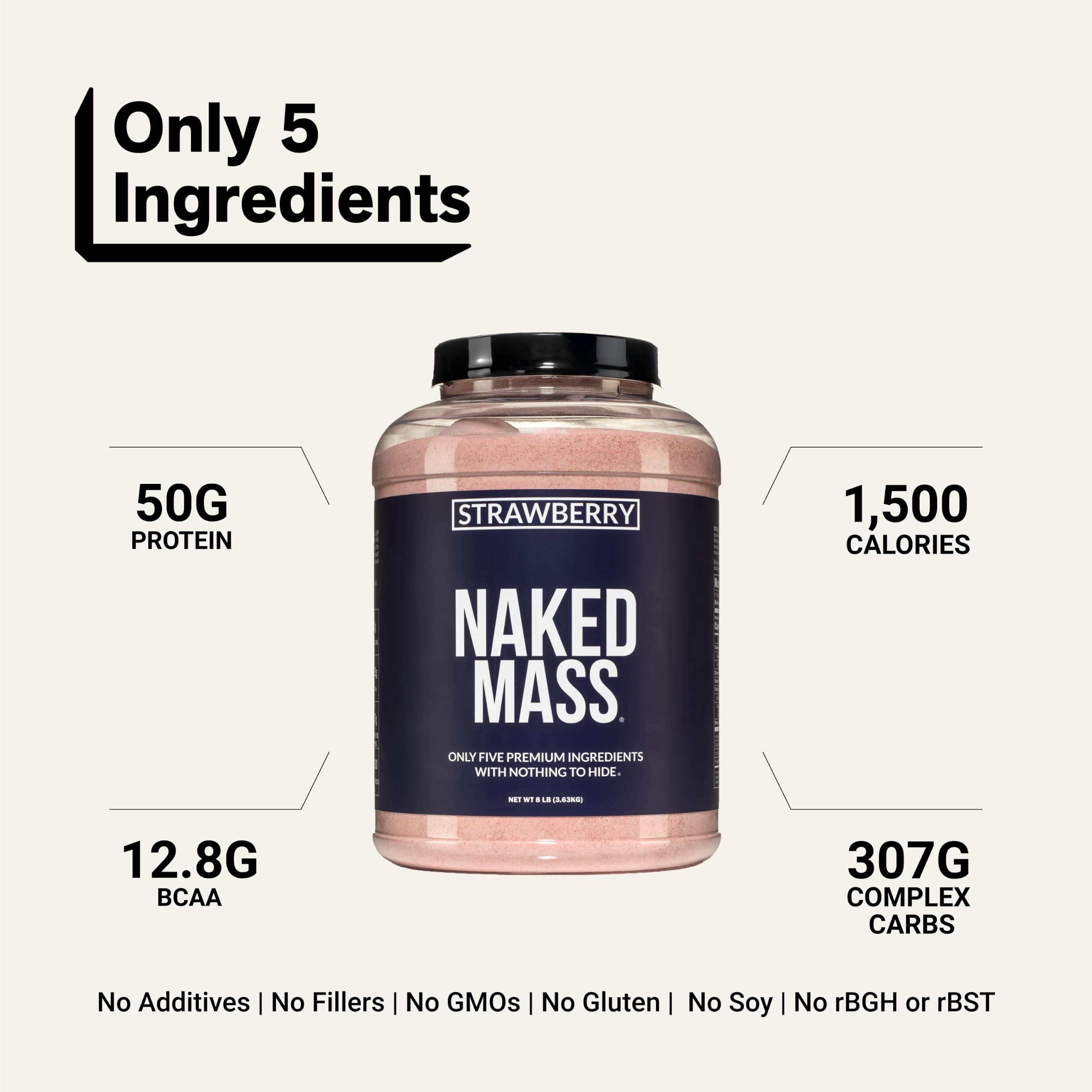 NAKED Strawberry Mass - 1,500 Calories, 50G Protein, Nothing Artificial. Strawberry Weight Gainer Protein Powder - 8lb Bulk, GMO Free, Gluten Free & Soy Free — Amazon image 3