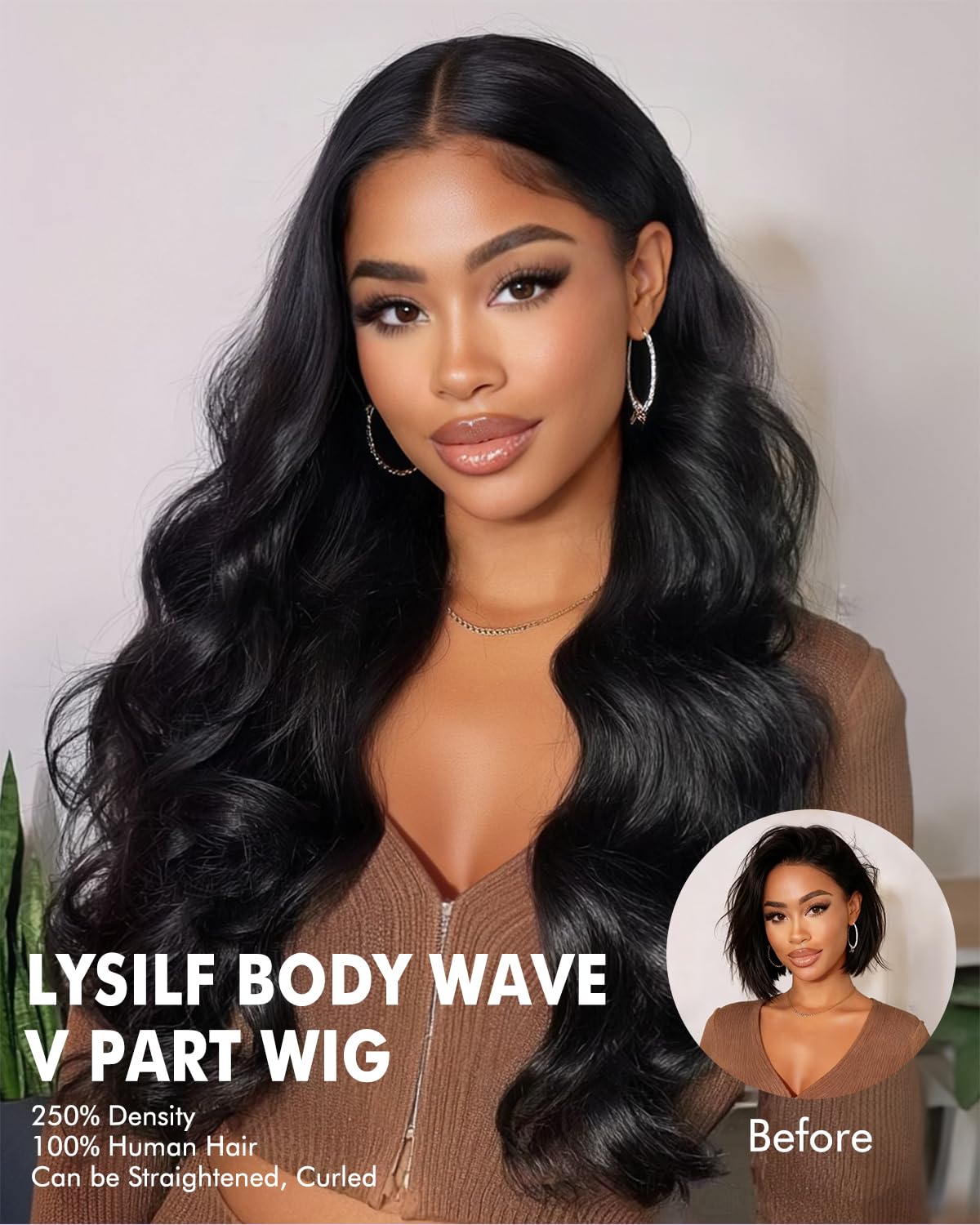 V Part Wigs Human Hair 250% Density Body Wave Upgrade U Part Human Hair Wigs with Drawstring No Leave Out No Sew Glueless Clip In Half Wig for Women (Natural Black, 22 Inch)