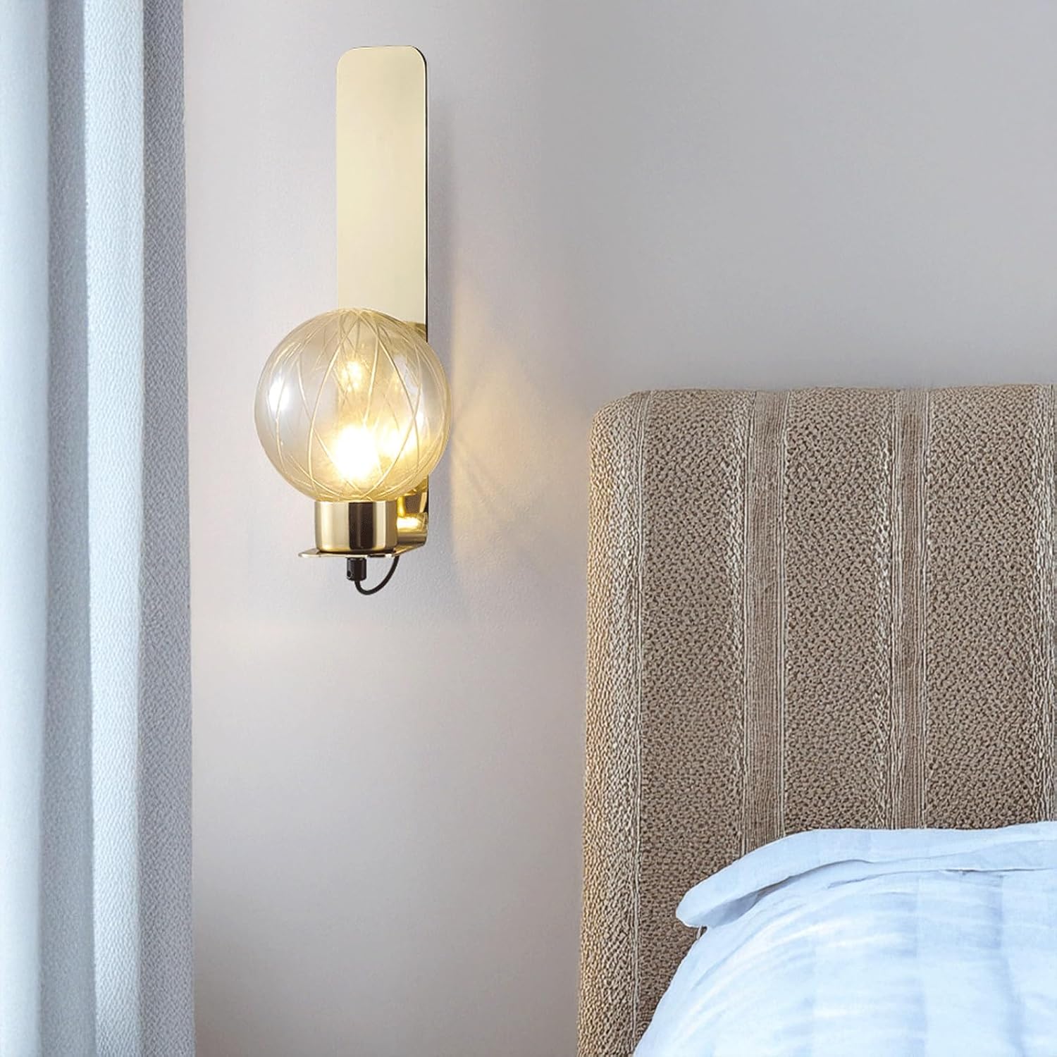 Modern Luxury Unique Creative Wall Sconce Titanium Gold Stainless Steel Base Cognac Textured Glass Orb Light for Bedroom Bedside Living Room Dining Hallway Restaurant Hotel Accent Decor