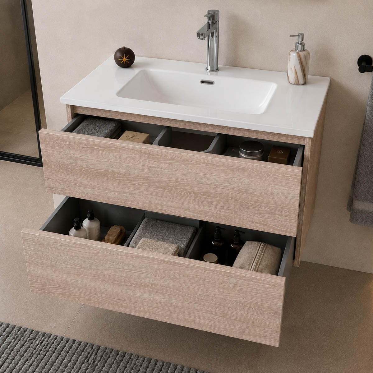 Yellowshop | Mobile Bagno Sospeso CLOE - Composizione Completa con Lavabo Ceramica, Chiusura Soft Close, Finitura Rovere (100 cm, Mobile con Lavabo)