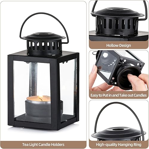 Miniatura 3 de Staymoment Black Lanterns - Juego de 2 candelabros decorativos de cristal para interiores, centro de mesa con marco de metal para Navidad, boda,