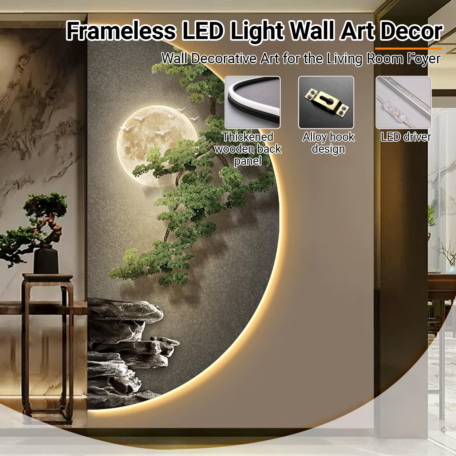 Große beleuchtete Wanddekoration für den Eingang, dekoratives Bild mit LED-Relief, ohne Rahmen, Skulptur, hängende Landschaft mit Stecker, für Wohnzimmer, Flur und Schlafzimmer (50 x 100 cm)
